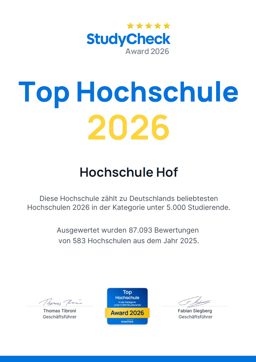 StudyCheck Award 2026: Hochschule Hof erneut unter den beliebtesten Hochschulen! - Campuls